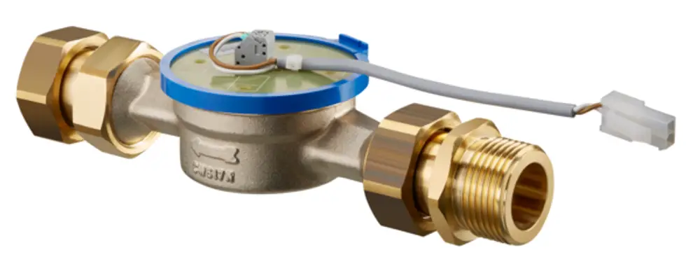 Oventrop Volumenstromsensor mit zwei Anschlussgewinden und einem Kabel mit Stecker, zur Messung des Volumenstroms in Heizungsanwendungen.